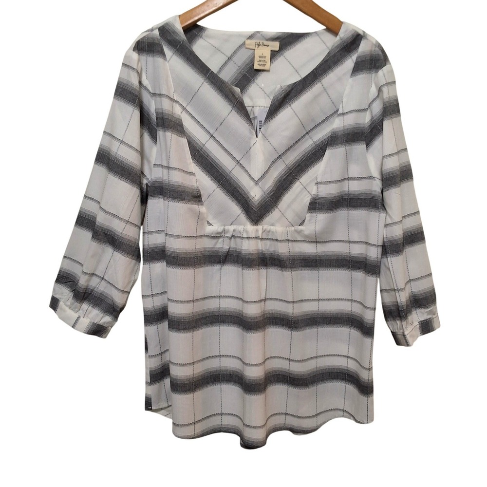 Peyton Primrose Gray & White Plaid V-Neck Blouse 3/4 Sleeve Sz L Cotton Blend